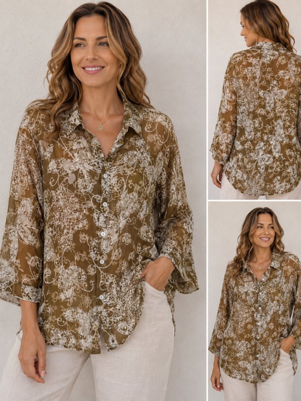 Sheer Butterfly Floral Button Front Blouse Brown Cream Boho Romantic Top